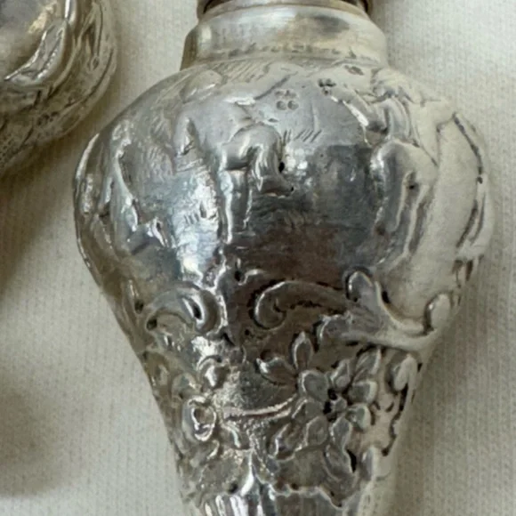 Antique Coin Silver Repousse Salt & Pepper Shakers Figural Dancing Scene 19c